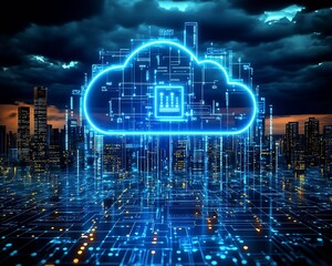 Fototapete - Advanced Cloud Computing Display with Data Processing and Urban Landscape : Generative AI