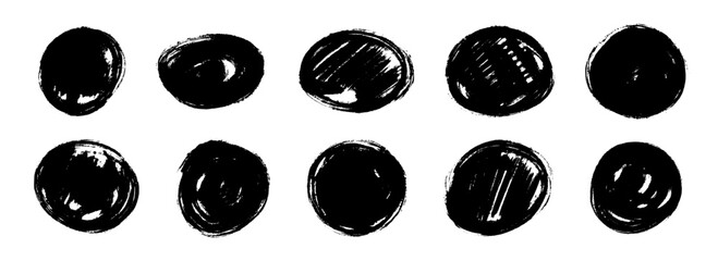 Poster - Dry paint round stain set. Black grunge ink circle collection. Brush stroke radial element pack. Hand drawn charcoal blobs for frame design, poster, banner, template, text box. Vector circular spots