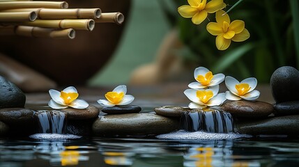 Poster - Serene water feature with smooth stones and beautiful orchids creating a tranquil atmosphere : Generative AI