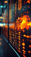 Poster - Close-up of a vibrant digital display showing bright orange lights and data patterns in a modern environment : Generative AI