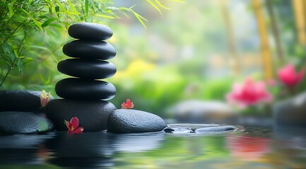 Aufkleber - Tranquil scene with stacked black stones amidst clear water and vibrant nature : Generative AI