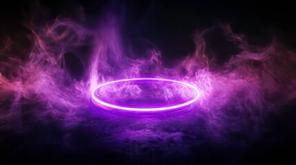 Poster - Glowing neon purple ring amidst wispy purple smoke on black, ideal for mystical, futuristic, or spiritual themes.