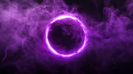 Poster - Glowing neon purple ring amidst wispy purple smoke on black, ideal for mystical, futuristic, or spiritual themes.