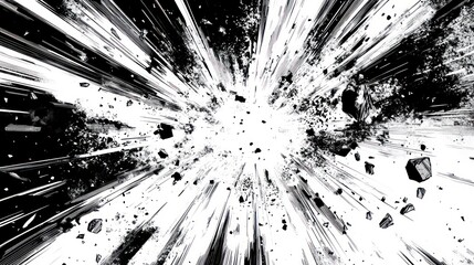 Fototapete - Dynamic black and white radial lines bursting from a central point, perfect for comic book action scenes, conveying speed, impact, or excitement.