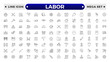 © artshuvo - Labor outline icon set. Contains linear outline icons like Helmet, Screwdriver, Worker, Vest, Flag, Crane, Brick, Roller, Gear, Construction, Builder, Factory, Hardhat.