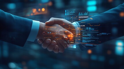 Aufkleber - Modern business partnership handshake with digital interface and data representation for technology collaboration : Generative AI