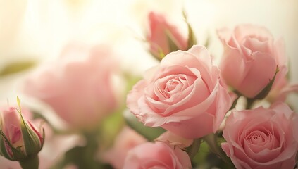 Poster - Charming bouquet of pink roses radiating beauty and tranquility in a softly lit environment inviting a feeling of calm : Generative AI
