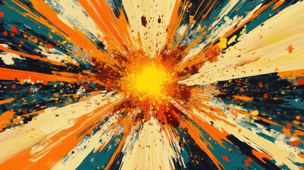 Wall Mural - Comic book style explosion with a bright yellow center and radiating orange lines, conveying action, impact, or surprise. Ideal for graphic design, illustrations, or pop art projects