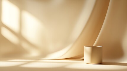 Poster - Elegant Minimalist Cylinder Surrounded by Soft Draping Fabric and Gentle Natural Light Highlights : Generative AI