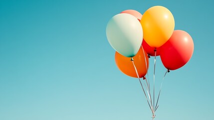Poster - Vibrant balloons in multiple colors soaring in the clear blue sky representing a celebration of life : Generative AI