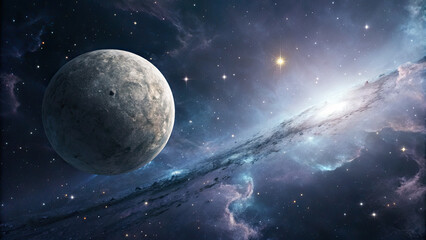 Wall Mural - A glowing planetary disk levitating in an infinite cosmic void, surrounded by subtle star clusters and nebulae, evoking a futuristic and minimalistic celestial atmosphere perfect for design use.