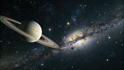 Wall Mural - A glowing planetary disk levitating in an infinite cosmic void, surrounded by subtle star clusters and nebulae, evoking a futuristic and minimalistic celestial atmosphere perfect for design use.