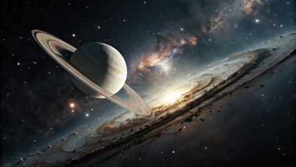 Wall Mural - A glowing planetary disk levitating in an infinite cosmic void, surrounded by subtle star clusters and nebulae, evoking a futuristic and minimalistic celestial atmosphere perfect for design use.