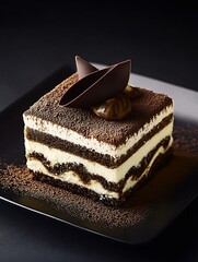 Poster - Elegant Tiramisu Dessert with Smooth Custard and Dark Chocolate Decorations on a Plate : Generative AI
