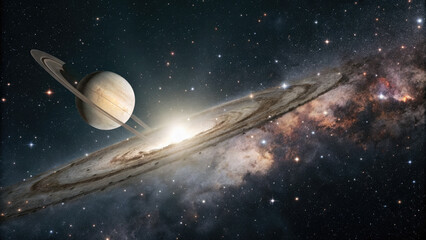 Wall Mural - A glowing planetary disk levitating in an infinite cosmic void, surrounded by subtle star clusters and nebulae, evoking a futuristic and minimalistic celestial atmosphere perfect for design use.