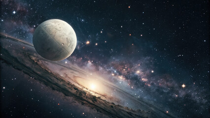 Wall Mural - A glowing planetary disk levitating in an infinite cosmic void, surrounded by subtle star clusters and nebulae, evoking a futuristic and minimalistic celestial atmosphere perfect for design use.