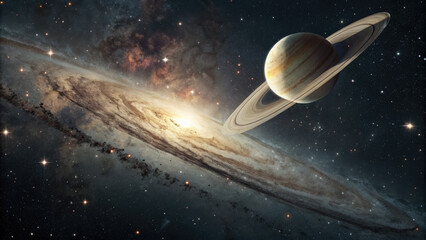 Wall Mural - A glowing planetary disk levitating in an infinite cosmic void, surrounded by subtle star clusters and nebulae, evoking a futuristic and minimalistic celestial atmosphere perfect for design use.