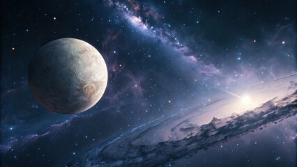 Wall Mural - A glowing planetary disk levitating in an infinite cosmic void, surrounded by subtle star clusters and nebulae, evoking a futuristic and minimalistic celestial atmosphere perfect for design use.