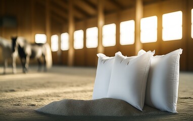 Poster - Three white pillows placed thoughtfully on a soft carpet in an expansive indoor equestrian venue with horses : Generative AI