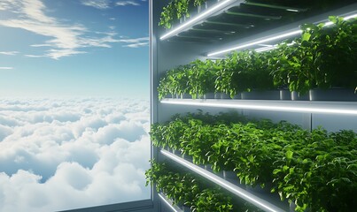 Poster - A modern indoor farm with lush plants against a backdrop of cloudy skies.