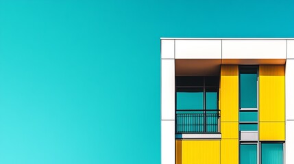 Poster - Minimalist design of contemporary building featuring bright yellow walls and clear glass framing against sky : Generative AI