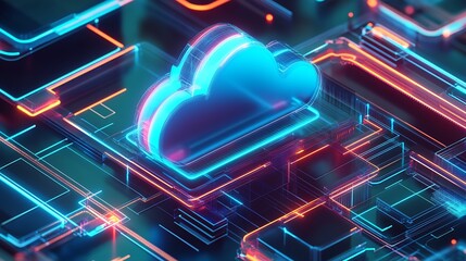 Poster - Neon-lit single cloud icon on a modern technological background with intricate circuit patterns and glowing lines : Generative AI