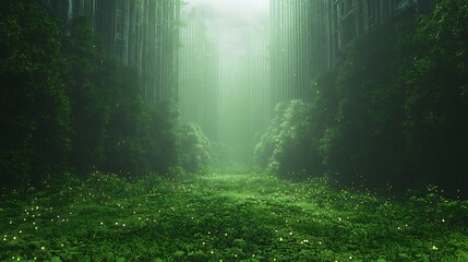 Poster - Lush greenery overtakes abandoned skyscrapers, creating a serene urban jungle.
