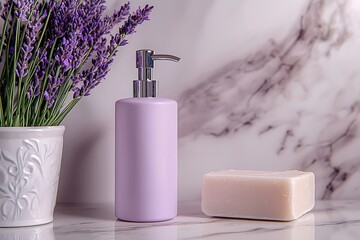 Poster - Lavender infused soap and dispensing bottle against a marble backdrop for skincare and home decor : Generative AI