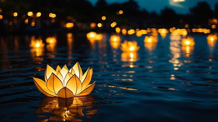 Aufkleber - Illuminated Blossom Lotus Lanterns Tranquilly Floating on Calm Water : Generative AI