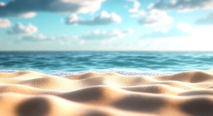 Poster - Beautiful sandy beach with a view of calm ocean waves and a bright blue sky : Generative AI