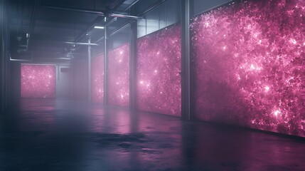 Poster - Futuristic interior with glowing pink walls and reflective floor creating a surreal atmosphere.