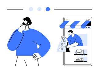 Poster - man thinking with hand on chin near smartphone displaying a digital store interface. ideal for e-com