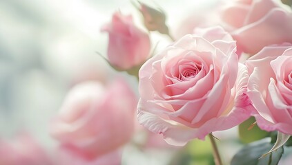 Poster - Elegantly arranged pink roses surrounded by lush greenery in a naturally lit atmosphere exuding a delicate charm : Generative AI