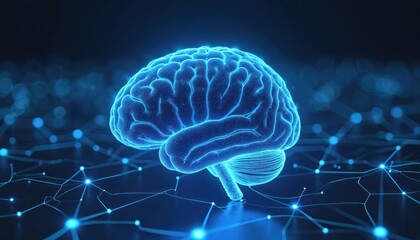 Poster - Illustration of human brain on blue neon background with network connections. 3D render shows structure of mind, concept of neural network, technology, medicine. Modern design for science, tech,