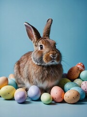 Wall Mural - Large-eared rabbit surrounded by Easter eggs on a light blue background