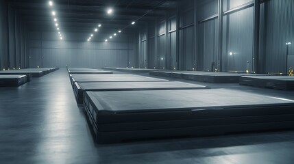 Poster - Industrial warehouse setting with stacked pallets and dramatic lighting.