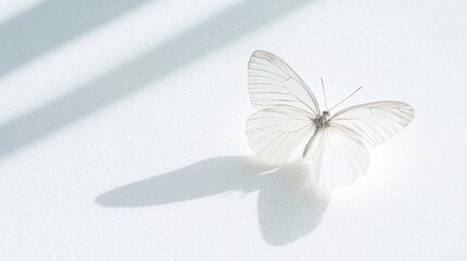 Poster - Silver Butterfly Reflection, a silver butterfly rests on a white textured surface, sunlight casts a cross-shaped shadow, symbolizing purity, clarity, and spiritual renewal in a minimalist setting.
