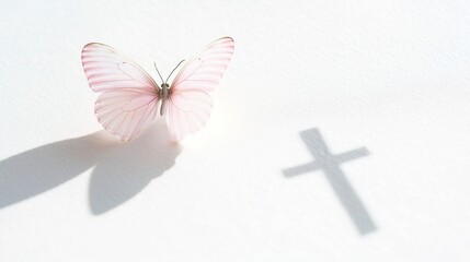 Poster - Butterfly Emblem of Light, intricately detailed butterfly with soft hues on a white surface, sunlight creating a cross shadow, symbolizing serenity, renewal, and hope.