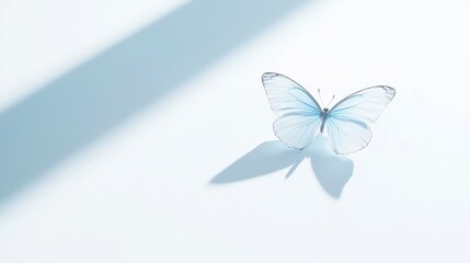 Poster - Sapphire Butterfly with Spiritual Cross Shadow, delicate sapphire-blue butterfly on a minimalist white surface, sunlight casts a cross shadow symbolizing hope and renewal.