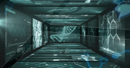 Poster - Animation of futuristic digital tunnel with DNA strands in scientific school setting