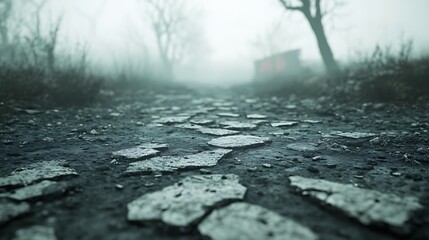 Poster - Foggy pathway with cracked ground, surrounded by barren trees and a distant structure.