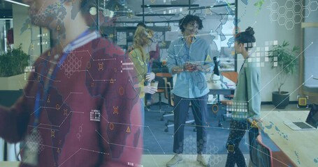 Poster - Diverse team collaborating in office with global network data overlay animation