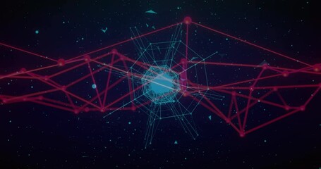 Poster - Animation of red and blue lines forming geometric network in digital structure
