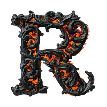 Letters R, Realistic Black Fire Alphabet isolated on a transparent background