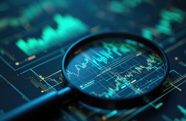 Poster - magnifying glass over graphs, charts data analysis. neon screen, futuristic tech design concept. mod