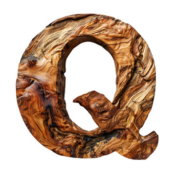 Letters Q, Alphabet Made wood, with natural grain texture. isolated on a transparent background