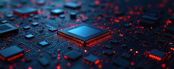 Fototapete - Abstract technology circuit board. Electronic motherboard illustration. Tech background, red blue colors. Integrated circuits, microchips. Digital data transfer, computer components, digital