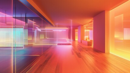 Poster - a digitally generated image of a modern office workspace with holographic screens.
