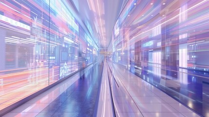 Poster - a digitally generated image of a futuristic shopping mall with virtual storefronts.