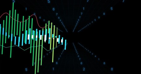 Poster - Animation of financial data with green and blue bars on black background